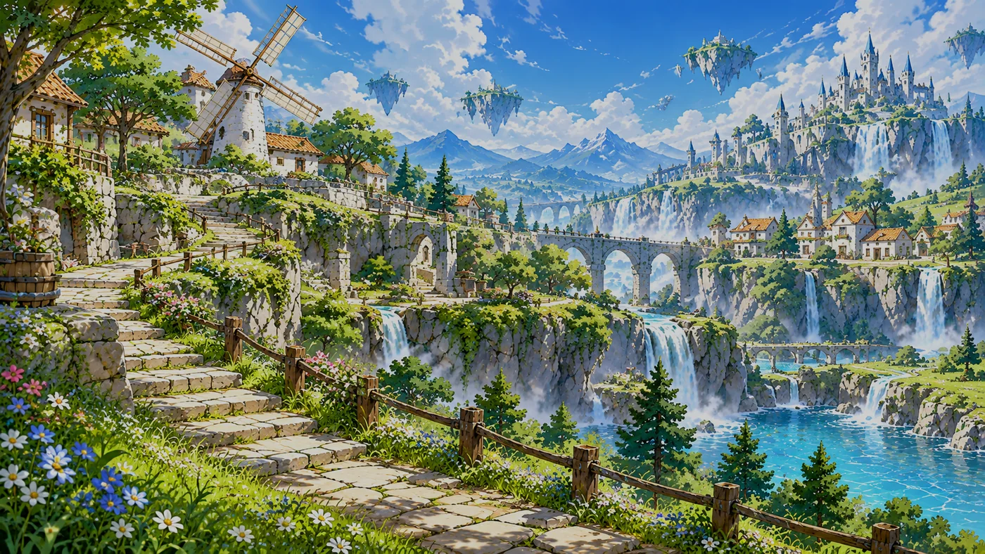 INK DROPの城と滝を描いたファンタジー背景