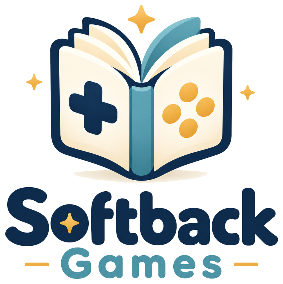 立てて開いた本の左に十字キー、右に四つのボタン、その下にSoftback Gamesの文字がある公式ロゴ
